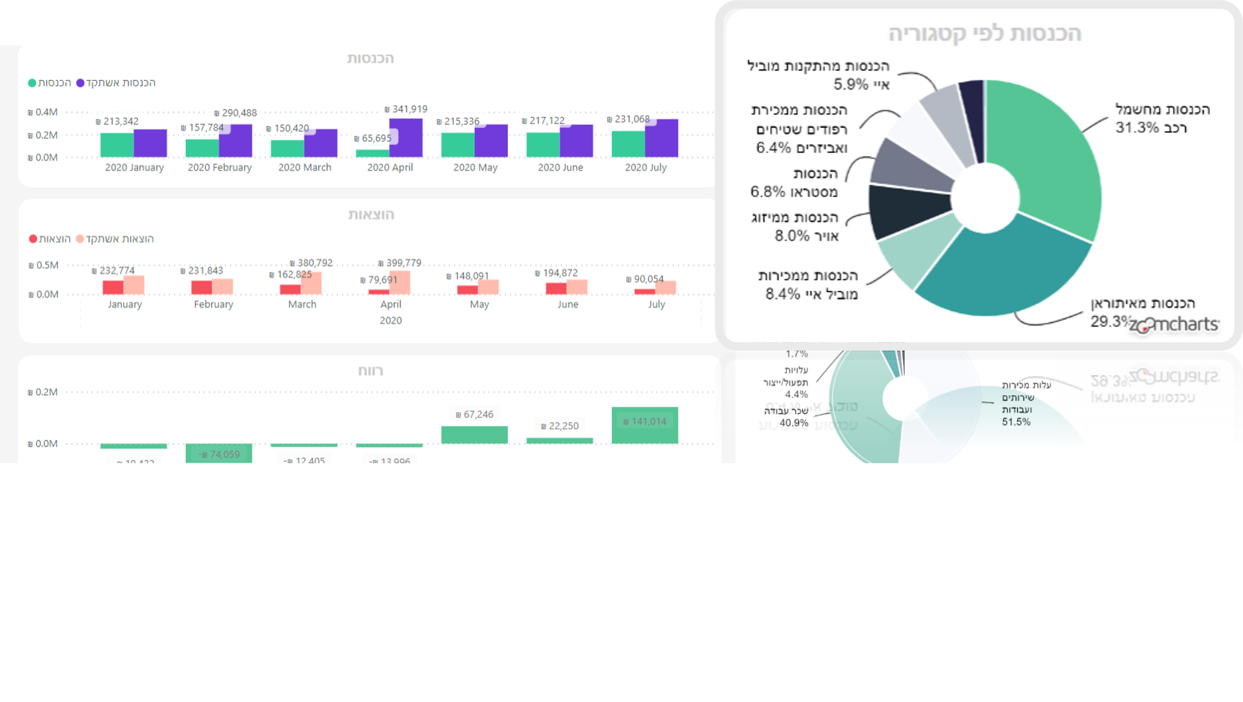דוח רווח והפסד Power BI — הכנסות, הוצאות ורווח לפי חודש